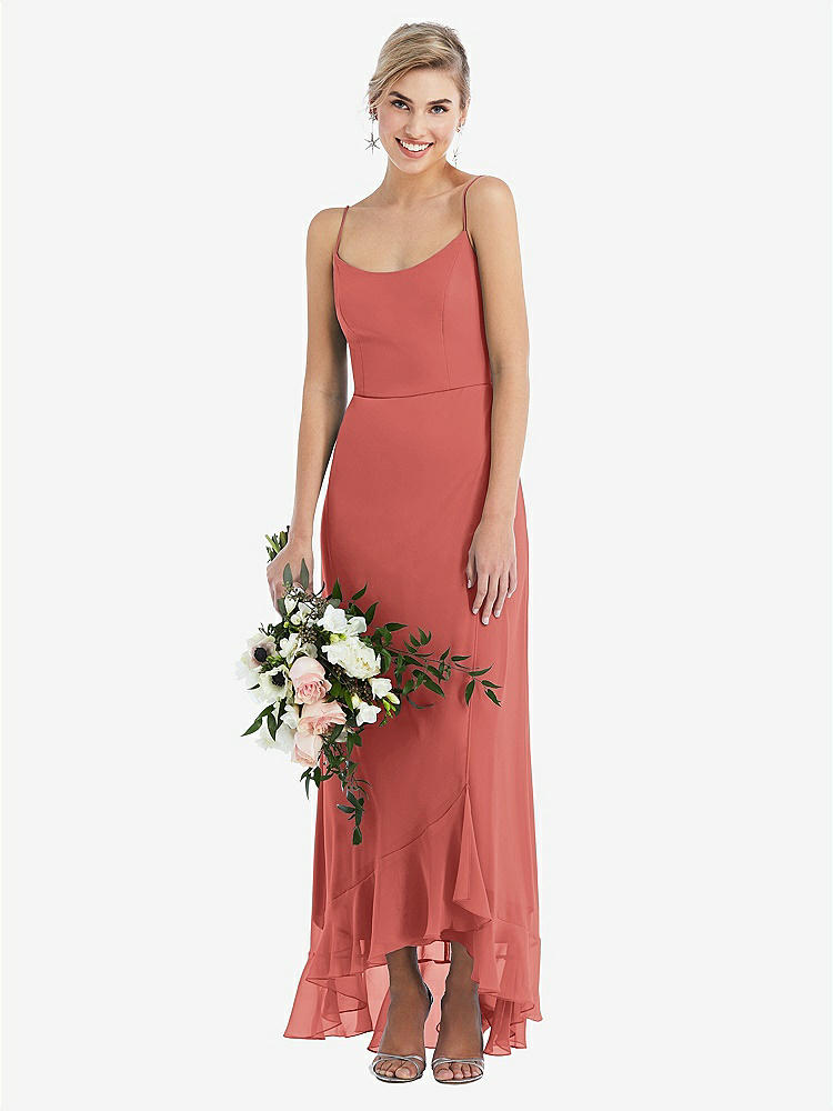 【STYLE: TH041】Scoop Neck Ruffle-Trimmed High Low Maxi Dress【COLOR: Coral Pink】