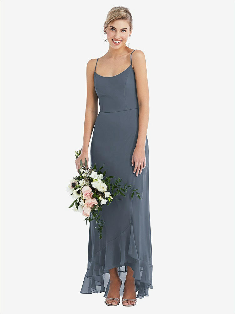 【STYLE: TH041】Scoop Neck Ruffle-Trimmed High Low Maxi Dress【COLOR: Silverstone】