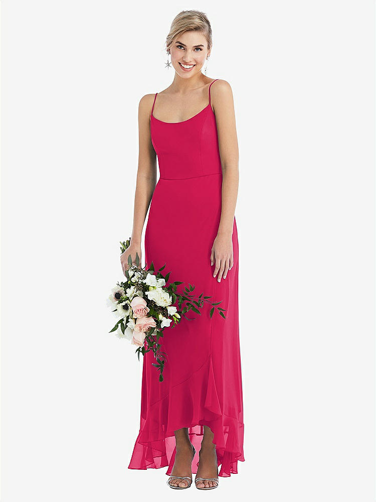 【STYLE: TH041】Scoop Neck Ruffle-Trimmed High Low Maxi Dress【COLOR: Vivid Pink】