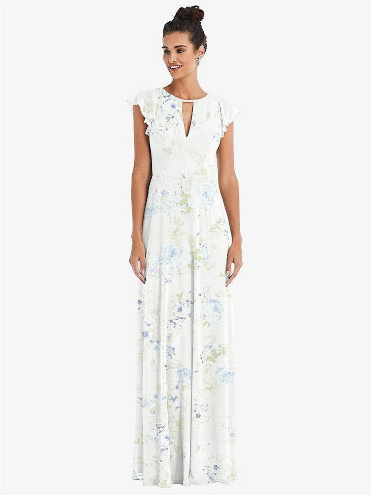 【STYLE: TH042】Flutter Sleeve V-Keyhole Chiffon Maxi Dress【COLOR: Bleu Garden】