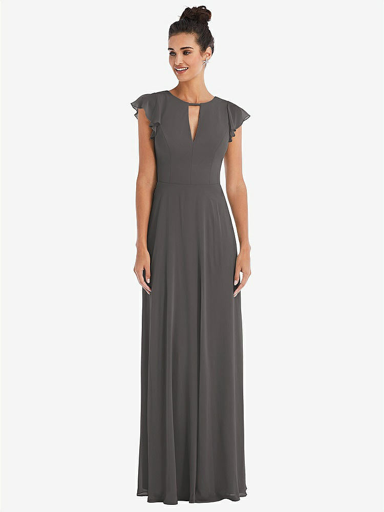 【STYLE: TH042】Flutter Sleeve V-Keyhole Chiffon Maxi Dress【COLOR: Caviar Gray】