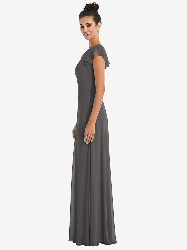 【STYLE: TH042】Flutter Sleeve V-Keyhole Chiffon Maxi Dress【COLOR: Caviar Gray】