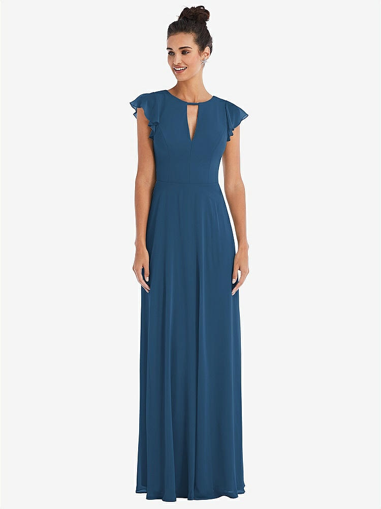【STYLE: TH042】Flutter Sleeve V-Keyhole Chiffon Maxi Dress【COLOR: Dusk Blue】