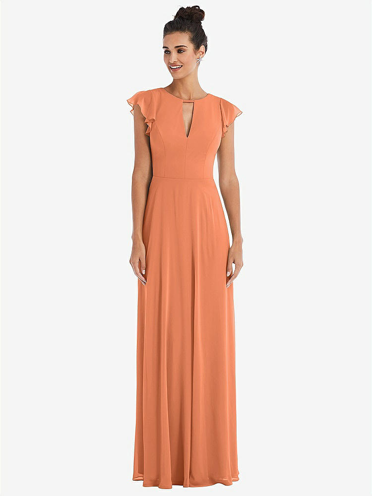 【STYLE: TH042】Flutter Sleeve V-Keyhole Chiffon Maxi Dress【COLOR: Sweet Melon】