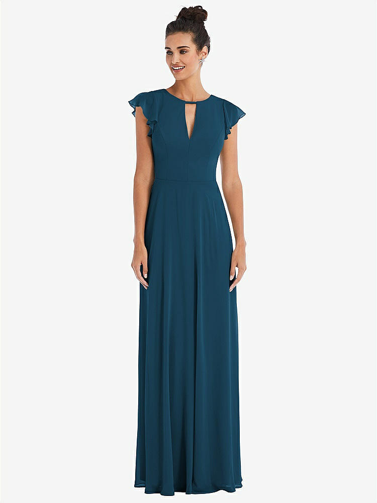 【STYLE: TH042】Flutter Sleeve V-Keyhole Chiffon Maxi Dress【COLOR: Atlantic Blue】