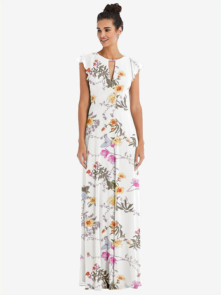 【STYLE: TH042】Flutter Sleeve V-Keyhole Chiffon Maxi Dress【COLOR: Butterfly Botanica Ivory】