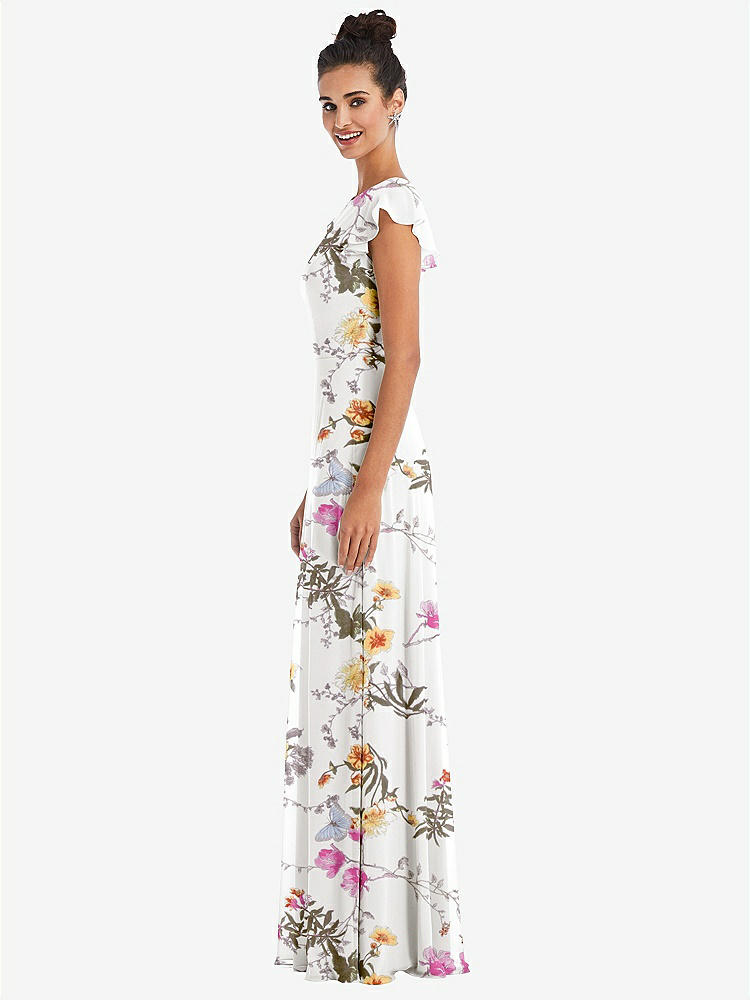 【STYLE: TH042】Flutter Sleeve V-Keyhole Chiffon Maxi Dress【COLOR: Butterfly Botanica Ivory】