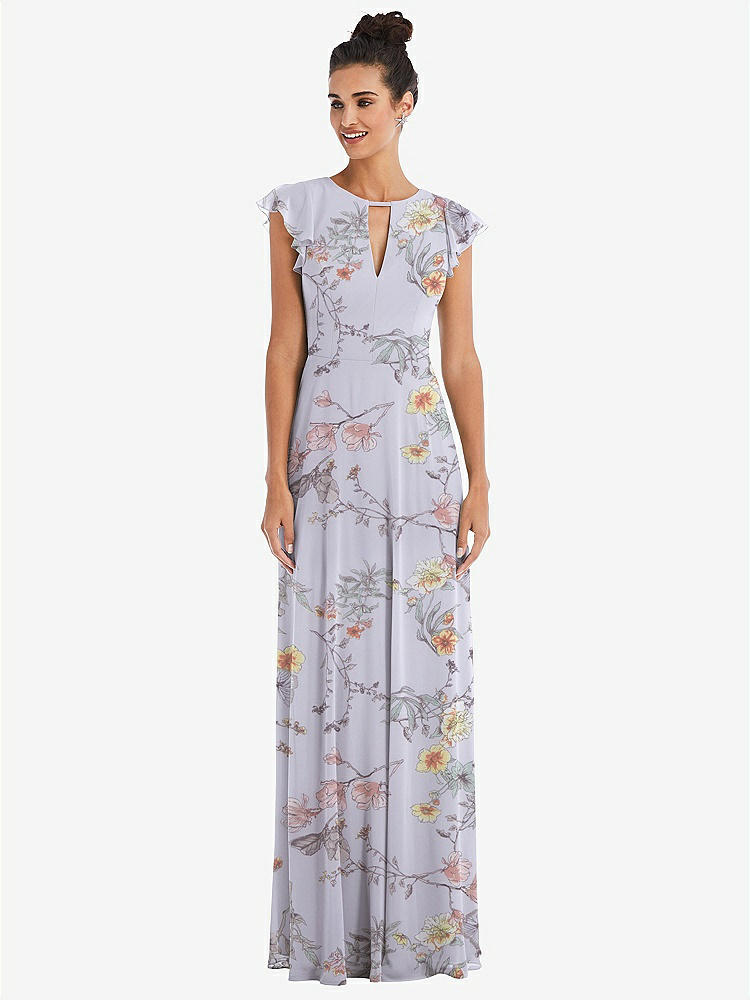 【STYLE: TH042】Flutter Sleeve V-Keyhole Chiffon Maxi Dress【COLOR: Butterfly Botanica Silver Dove】