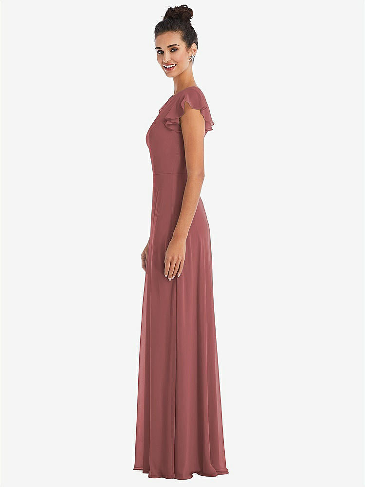 【STYLE: TH042】Flutter Sleeve V-Keyhole Chiffon Maxi Dress【COLOR: English Rose】