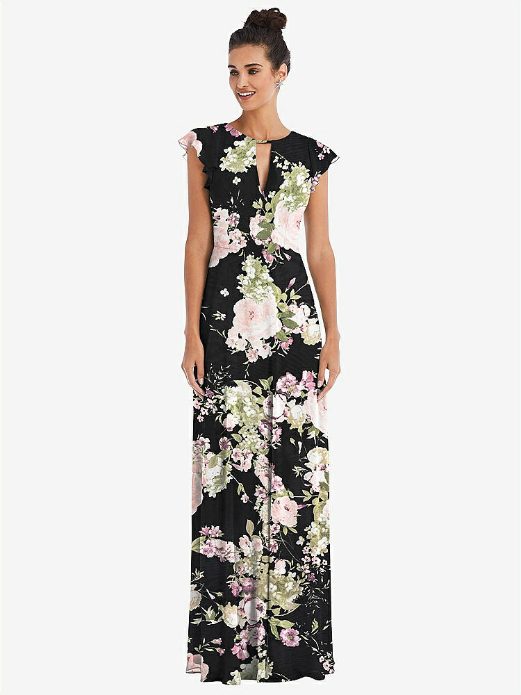 【STYLE: TH042】Flutter Sleeve V-Keyhole Chiffon Maxi Dress【COLOR: Noir Garden】