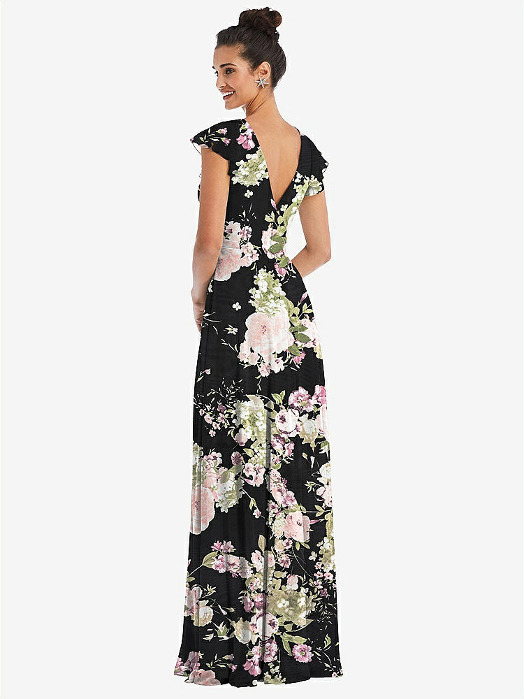 【STYLE: TH042】Flutter Sleeve V-Keyhole Chiffon Maxi Dress【COLOR: Noir Garden】