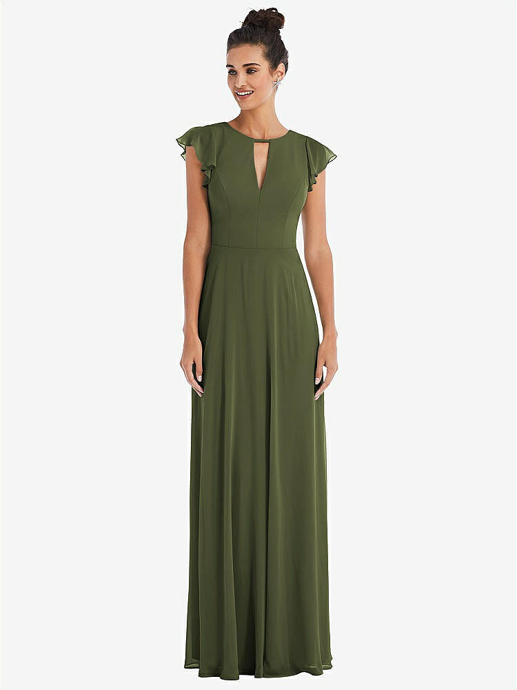 【STYLE: TH042】Flutter Sleeve V-Keyhole Chiffon Maxi Dress【COLOR: Olive Green】