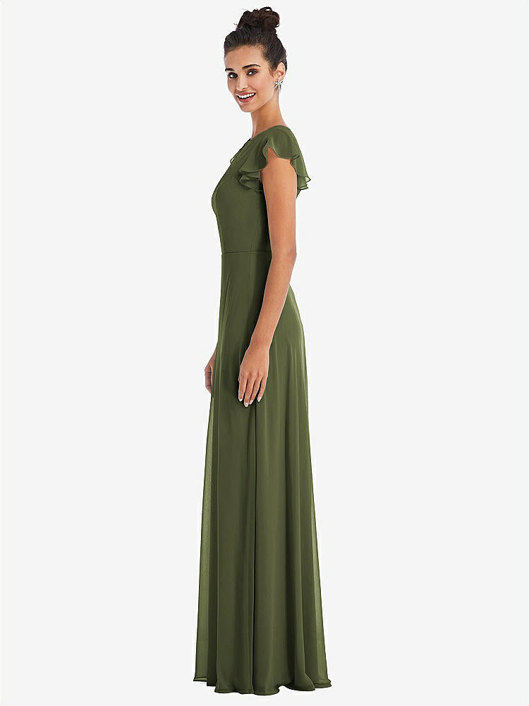 【STYLE: TH042】Flutter Sleeve V-Keyhole Chiffon Maxi Dress【COLOR: Olive Green】