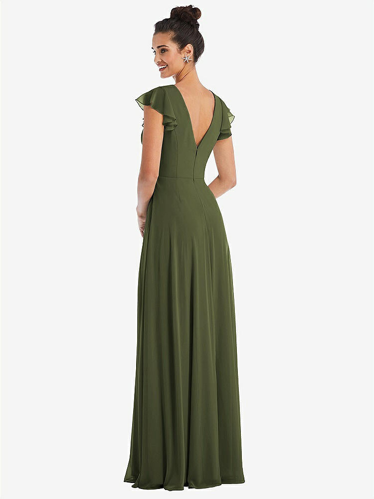 【STYLE: TH042】Flutter Sleeve V-Keyhole Chiffon Maxi Dress【COLOR: Olive Green】