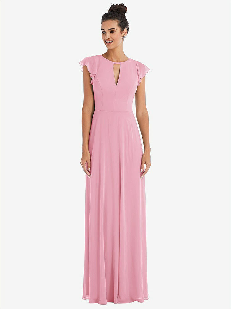 【STYLE: TH042】Flutter Sleeve V-Keyhole Chiffon Maxi Dress【COLOR: Peony Pink】