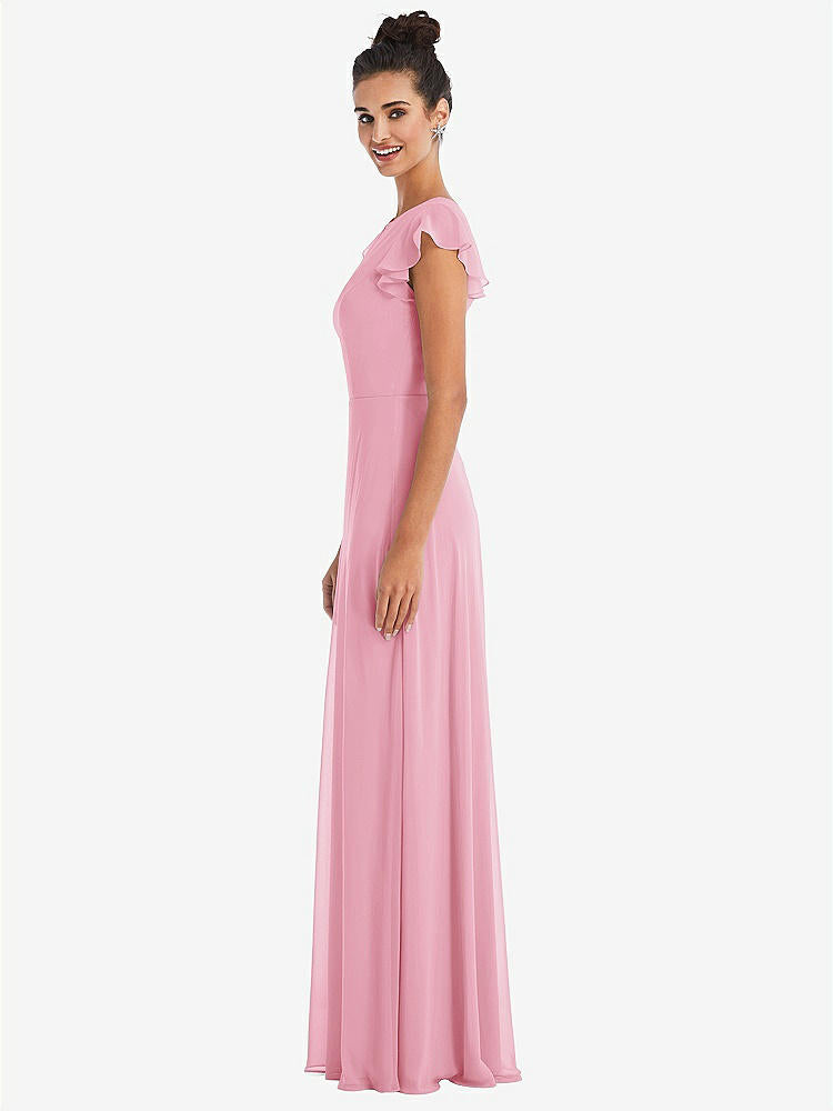 【STYLE: TH042】Flutter Sleeve V-Keyhole Chiffon Maxi Dress【COLOR: Peony Pink】