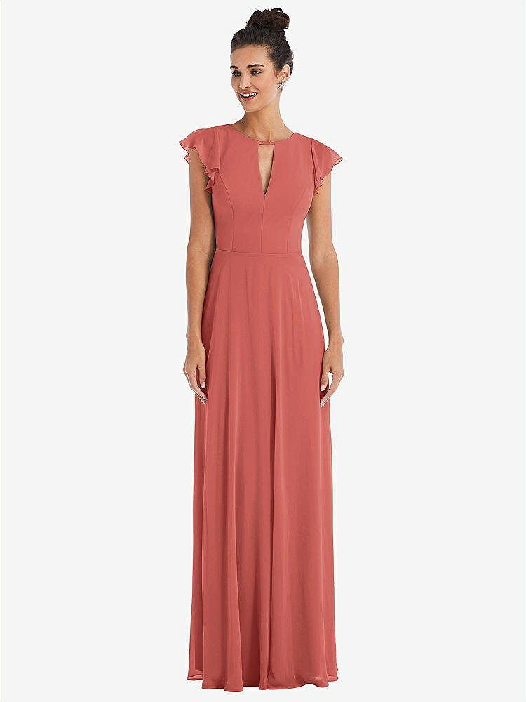 【STYLE: TH042】Flutter Sleeve V-Keyhole Chiffon Maxi Dress【COLOR: Coral Pink】