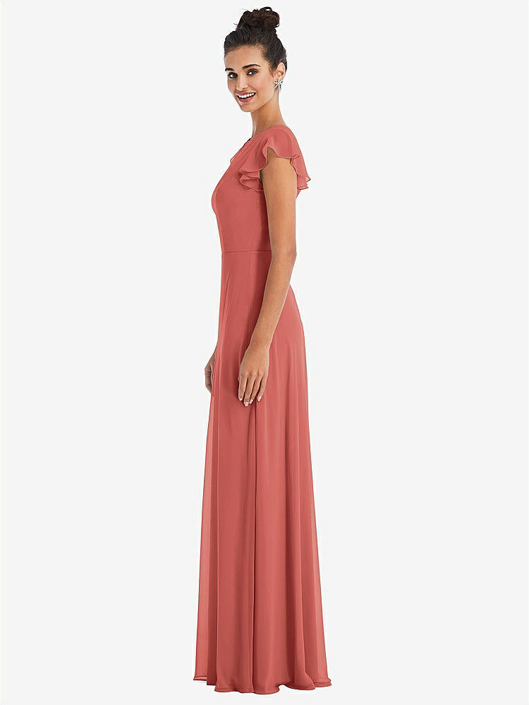 【STYLE: TH042】Flutter Sleeve V-Keyhole Chiffon Maxi Dress【COLOR: Coral Pink】