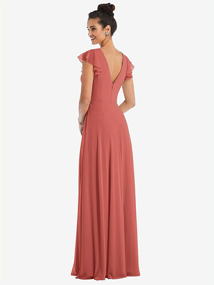 【STYLE: TH042】Flutter Sleeve V-Keyhole Chiffon Maxi Dress【COLOR: Coral Pink】