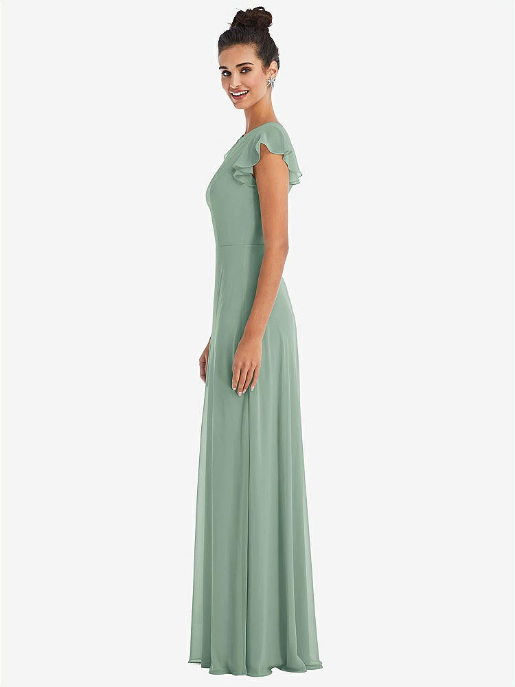 【STYLE: TH042】Flutter Sleeve V-Keyhole Chiffon Maxi Dress【COLOR: Seagrass】
