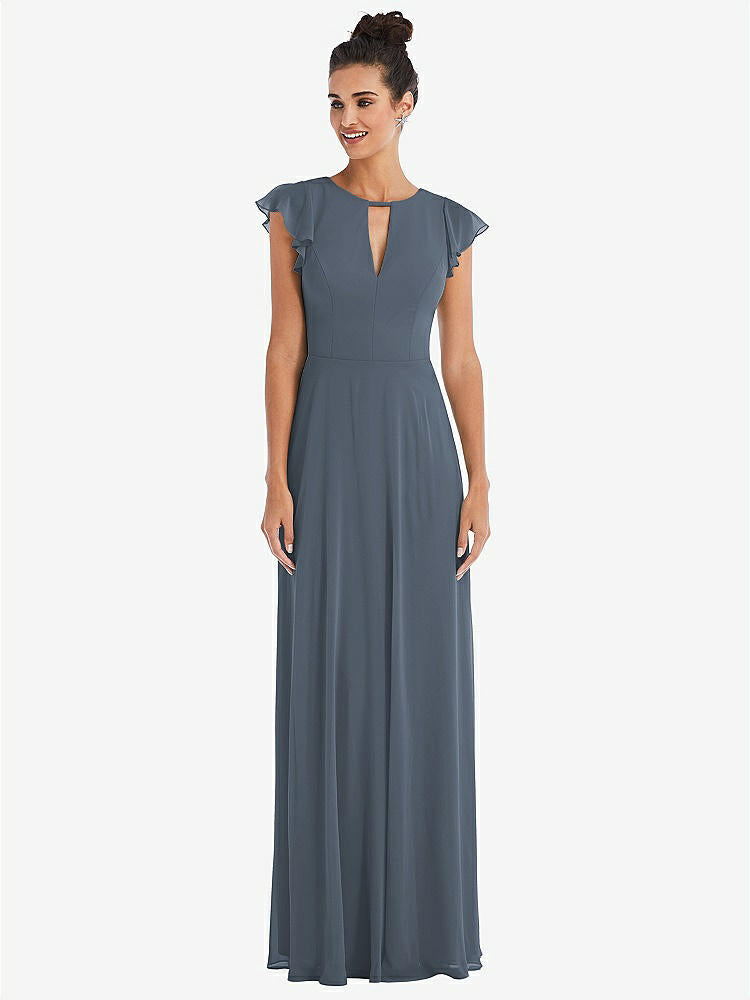 【STYLE: TH042】Flutter Sleeve V-Keyhole Chiffon Maxi Dress【COLOR: Silverstone】