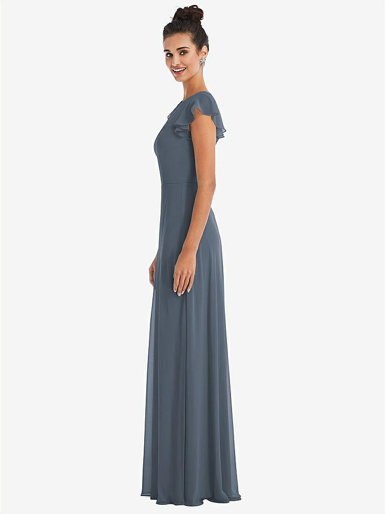 【STYLE: TH042】Flutter Sleeve V-Keyhole Chiffon Maxi Dress【COLOR: Silverstone】