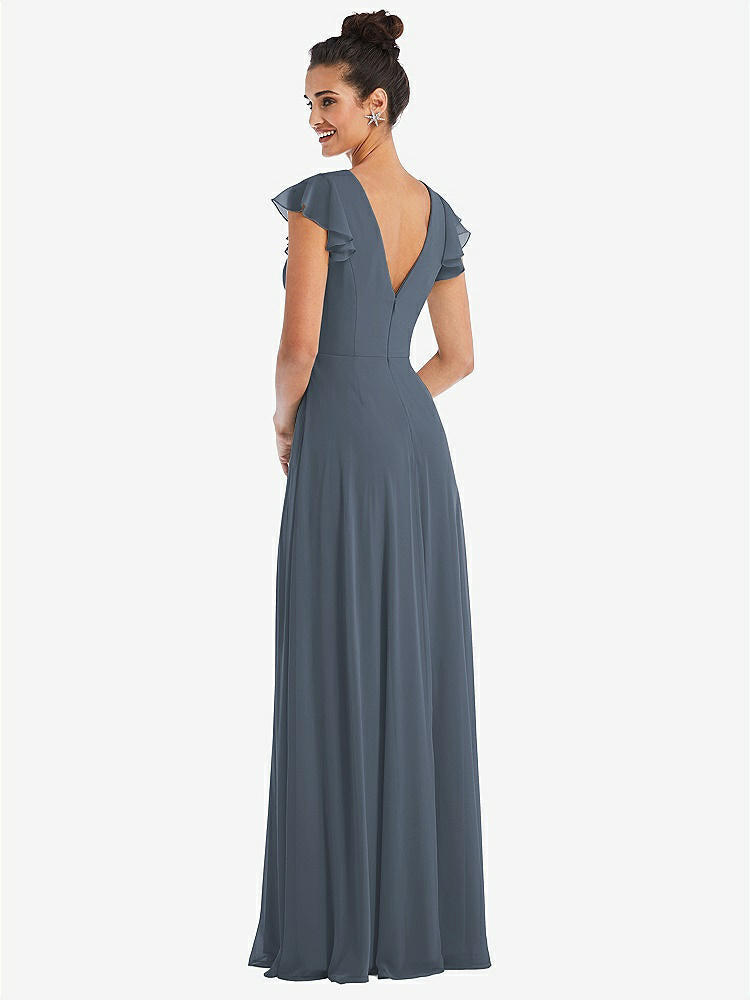 【STYLE: TH042】Flutter Sleeve V-Keyhole Chiffon Maxi Dress【COLOR: Silverstone】