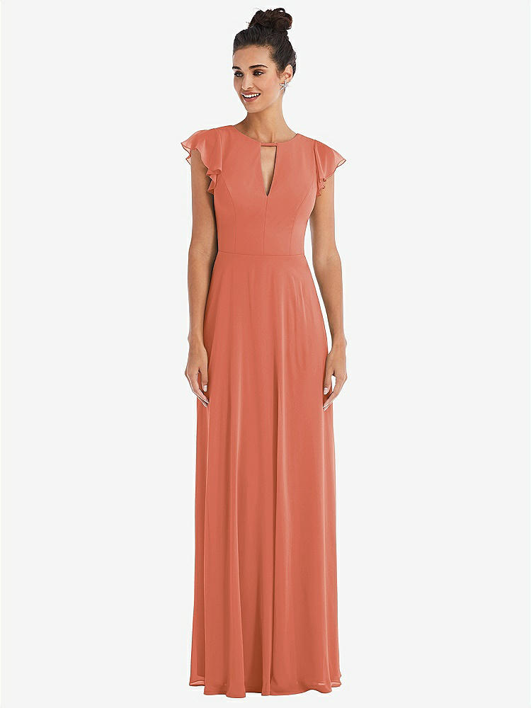 【STYLE: TH042】Flutter Sleeve V-Keyhole Chiffon Maxi Dress【COLOR: Terracotta Copper】