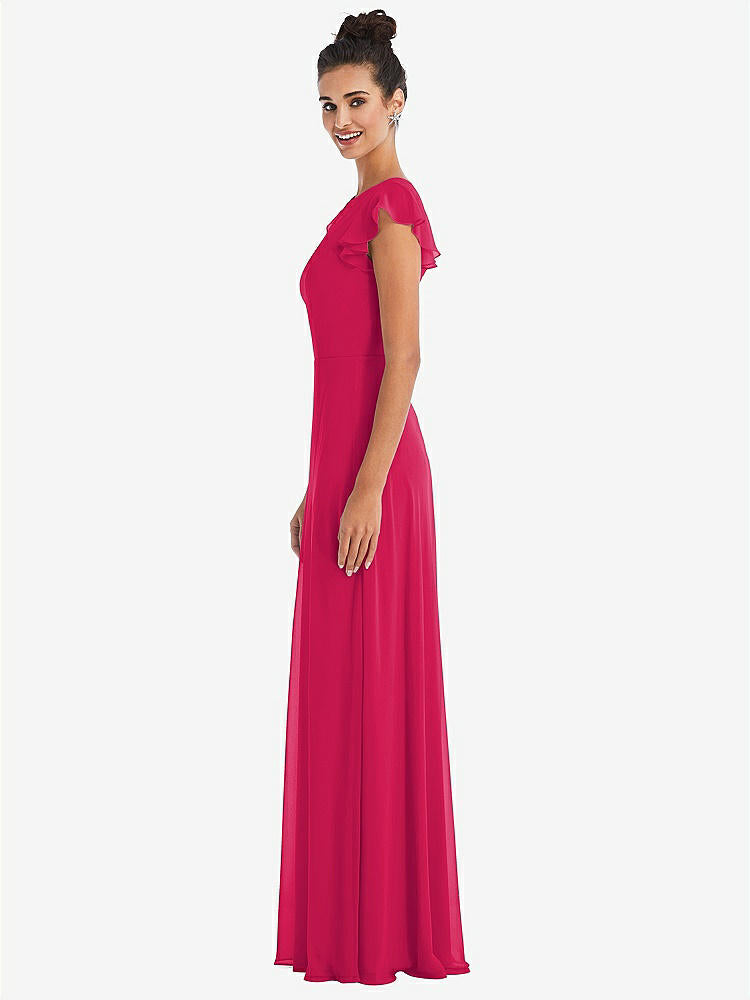 【STYLE: TH042】Flutter Sleeve V-Keyhole Chiffon Maxi Dress【COLOR: Vivid Pink】
