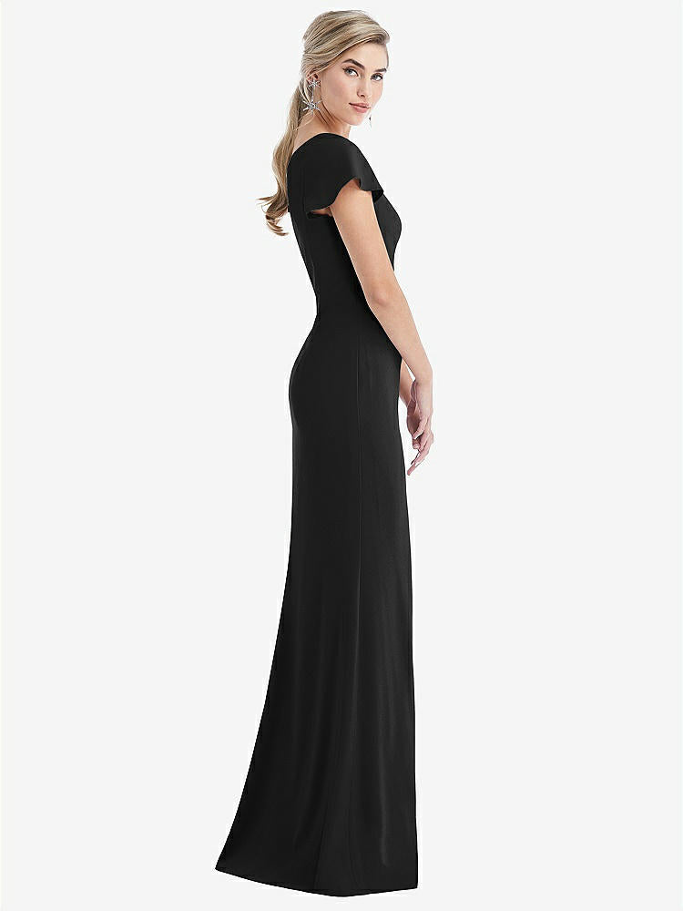 【STYLE: TH043】One-Shoulder Cap Sleeve Trumpet Gown with Front Slit【COLOR: Black】