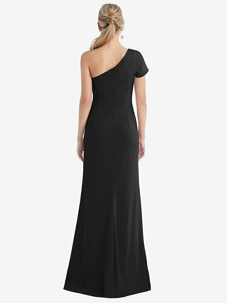 【STYLE: TH043】One-Shoulder Cap Sleeve Trumpet Gown with Front Slit【COLOR: Black】