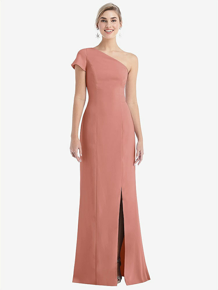 【STYLE: TH043】One-Shoulder Cap Sleeve Trumpet Gown with Front Slit【COLOR: Desert Rose】