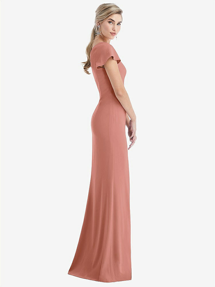 【STYLE: TH043】One-Shoulder Cap Sleeve Trumpet Gown with Front Slit【COLOR: Desert Rose】