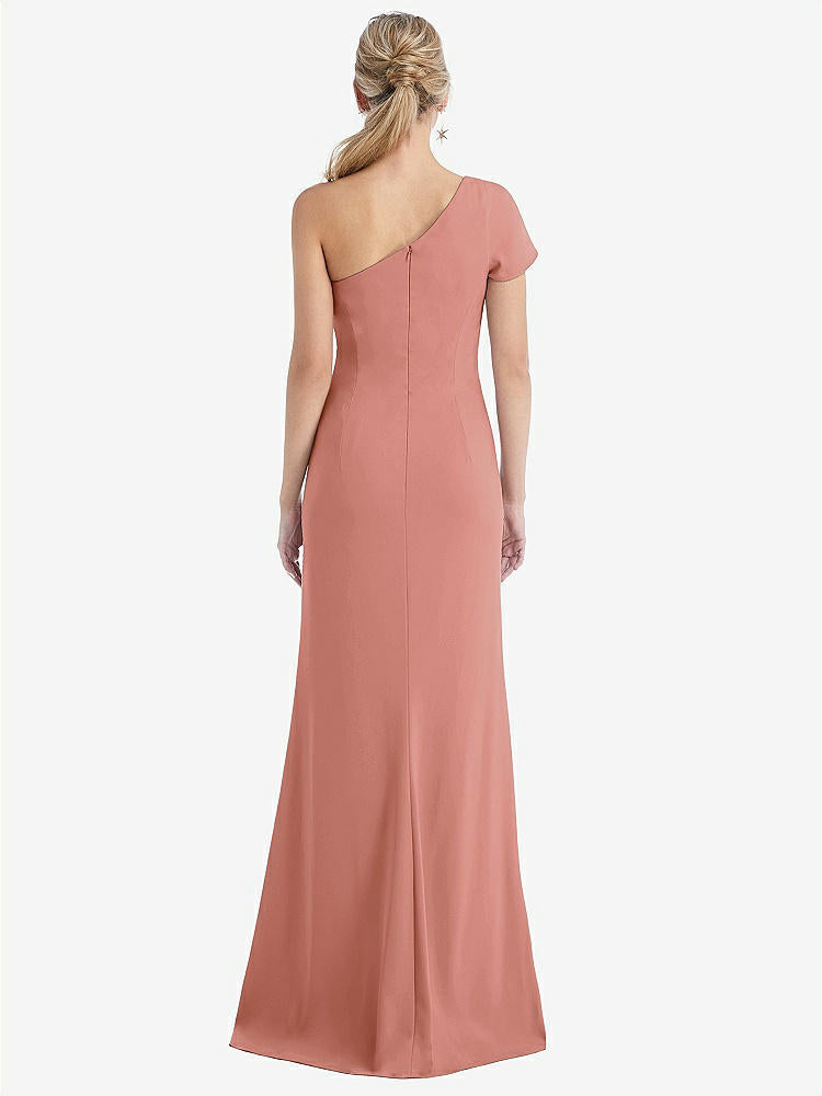 【STYLE: TH043】One-Shoulder Cap Sleeve Trumpet Gown with Front Slit【COLOR: Desert Rose】