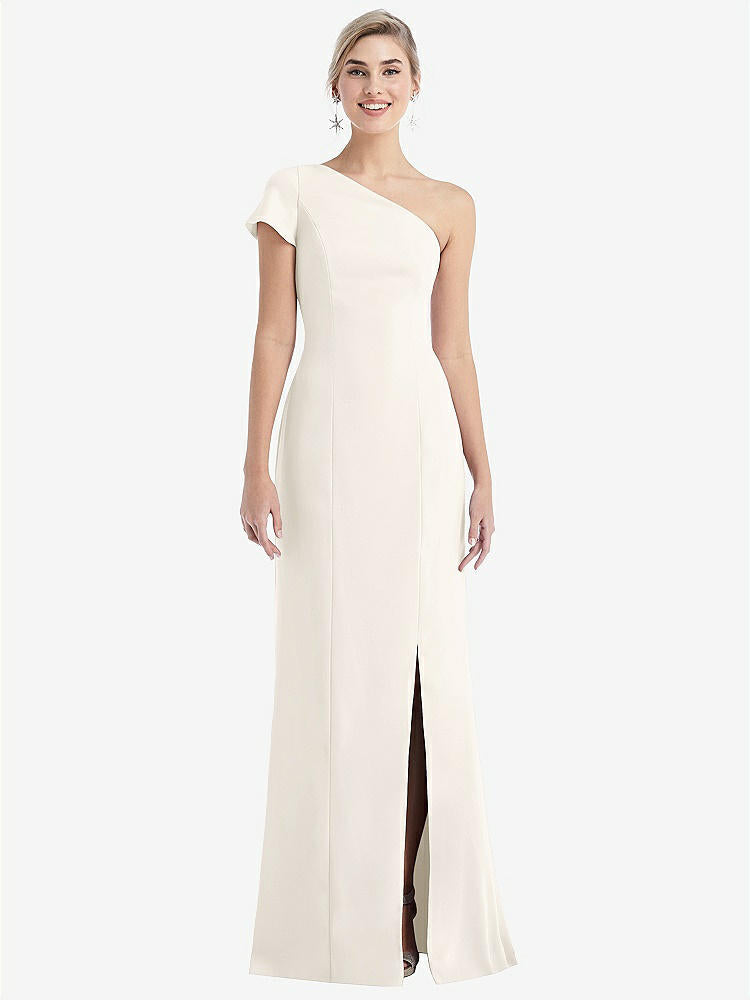 【STYLE: TH043】One-Shoulder Cap Sleeve Trumpet Gown with Front Slit【COLOR: Ivory】