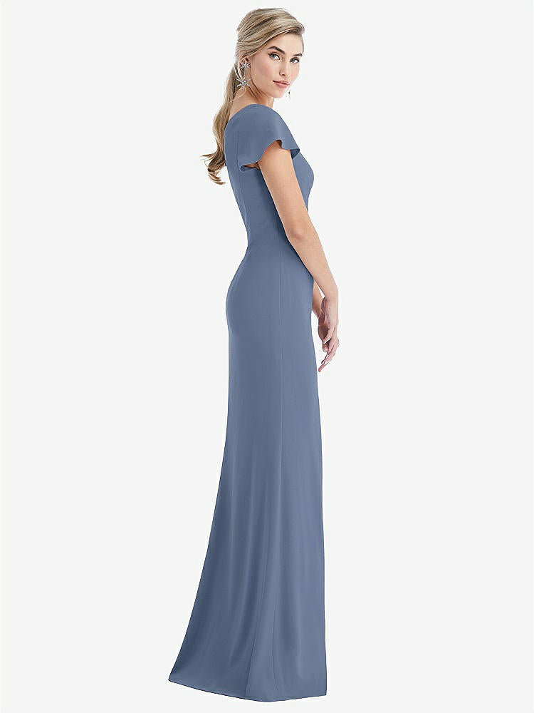 【STYLE: TH043】One-Shoulder Cap Sleeve Trumpet Gown with Front Slit【COLOR: Larkspur Blue】