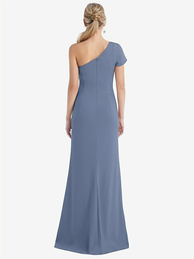 【STYLE: TH043】One-Shoulder Cap Sleeve Trumpet Gown with Front Slit【COLOR: Larkspur Blue】