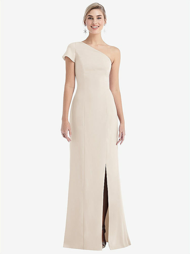 【STYLE: TH043】One-Shoulder Cap Sleeve Trumpet Gown with Front Slit【COLOR: Oat】
