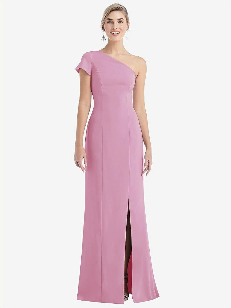 【STYLE: TH043】One-Shoulder Cap Sleeve Trumpet Gown with Front Slit【COLOR: Powder Pink】