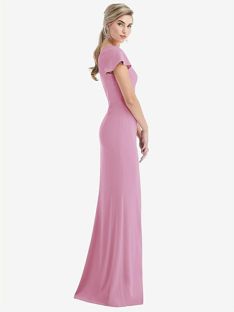 【STYLE: TH043】One-Shoulder Cap Sleeve Trumpet Gown with Front Slit【COLOR: Powder Pink】