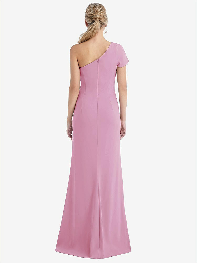 【STYLE: TH043】One-Shoulder Cap Sleeve Trumpet Gown with Front Slit【COLOR: Powder Pink】