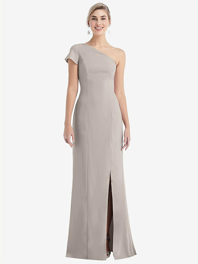 【STYLE: TH043】One-Shoulder Cap Sleeve Trumpet Gown with Front Slit【COLOR: Taupe】