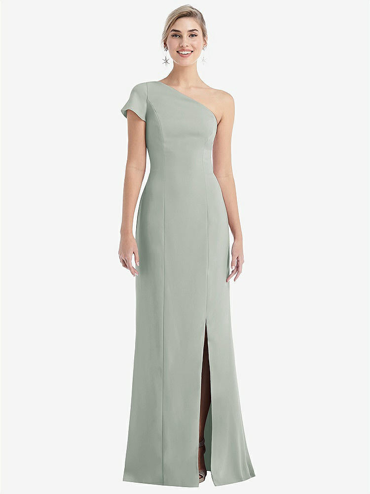 【STYLE: TH043】One-Shoulder Cap Sleeve Trumpet Gown with Front Slit【COLOR: Willow Green】