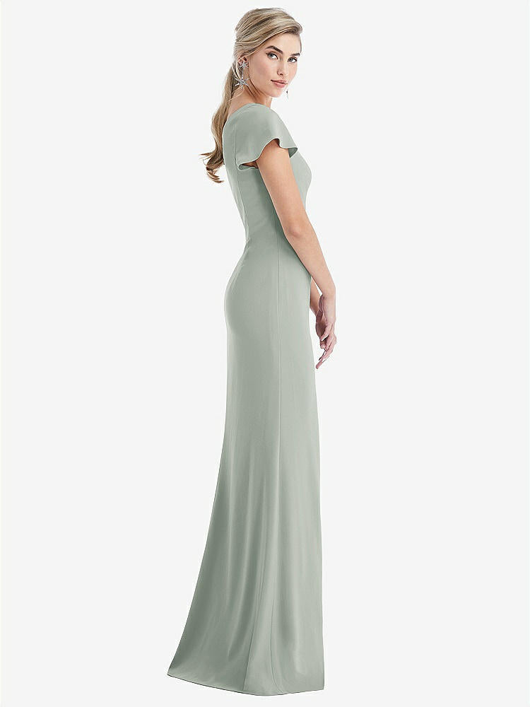 【STYLE: TH043】One-Shoulder Cap Sleeve Trumpet Gown with Front Slit【COLOR: Willow Green】