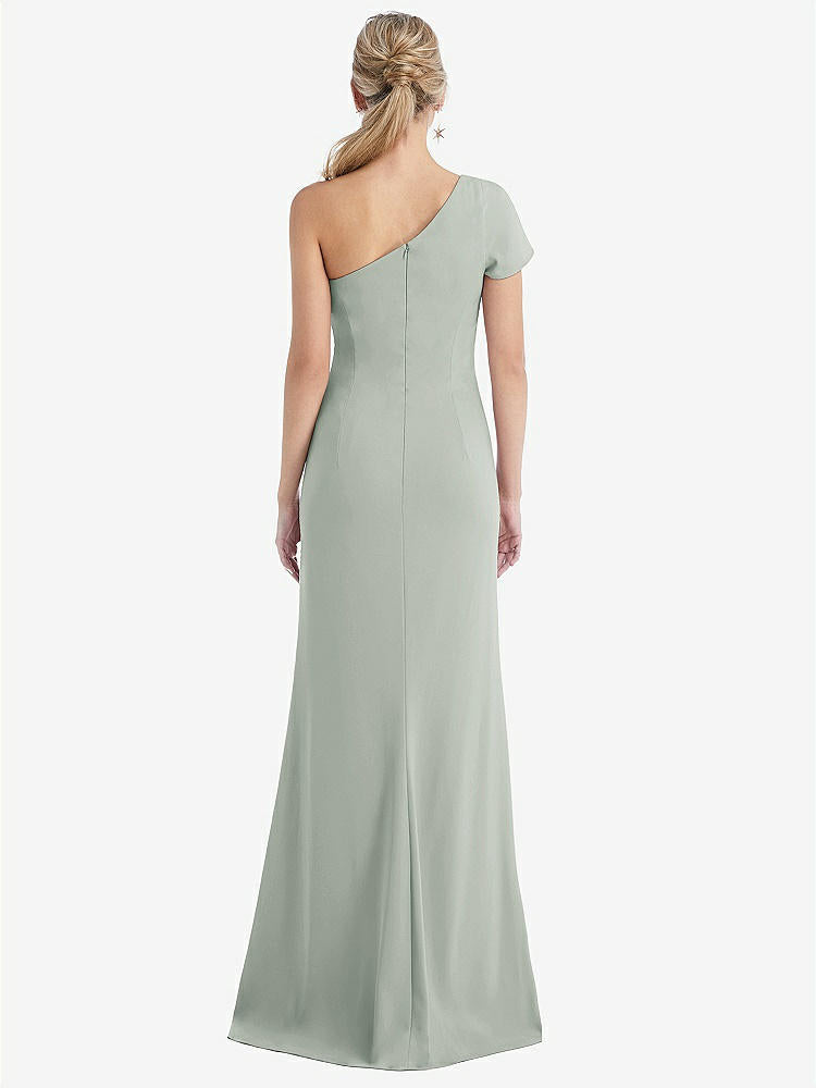 【STYLE: TH043】One-Shoulder Cap Sleeve Trumpet Gown with Front Slit【COLOR: Willow Green】