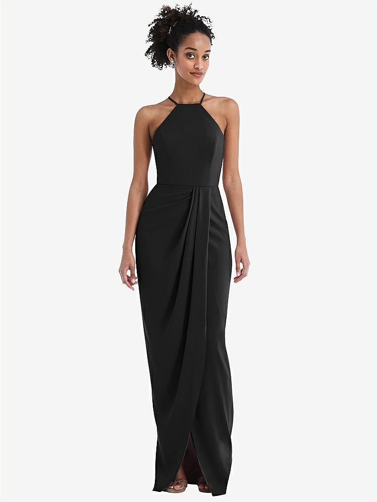 【STYLE: TH044】Halter Draped Tulip Skirt Maxi Dress【COLOR: Black】