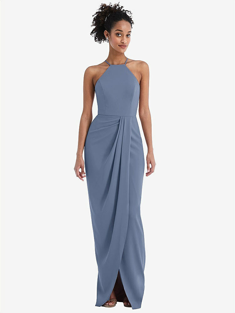 【STYLE: TH044】Halter Draped Tulip Skirt Maxi Dress【COLOR: Larkspur Blue】