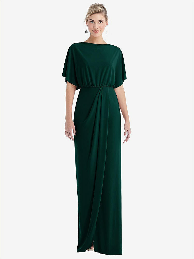 【NEW】【STYLE: TH045】オープンバック 4分の3 スリーブ ドレープ チューリップ スカート マキシ ドレス【COLOR: Evergreen】【SIZE: 00-30W】