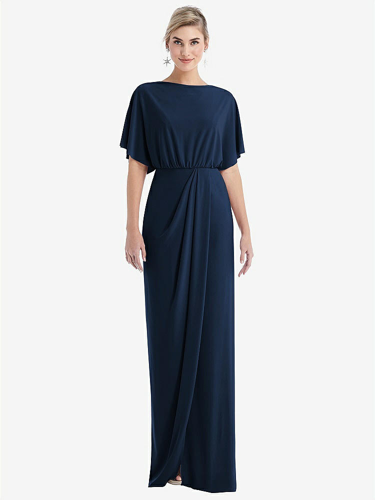 【NEW】【STYLE: TH045】オープンバック 4分の3 スリーブ ドレープ チューリップ スカート マキシ ドレス【COLOR: Midnight Navy】【SIZE: 00-30W】
