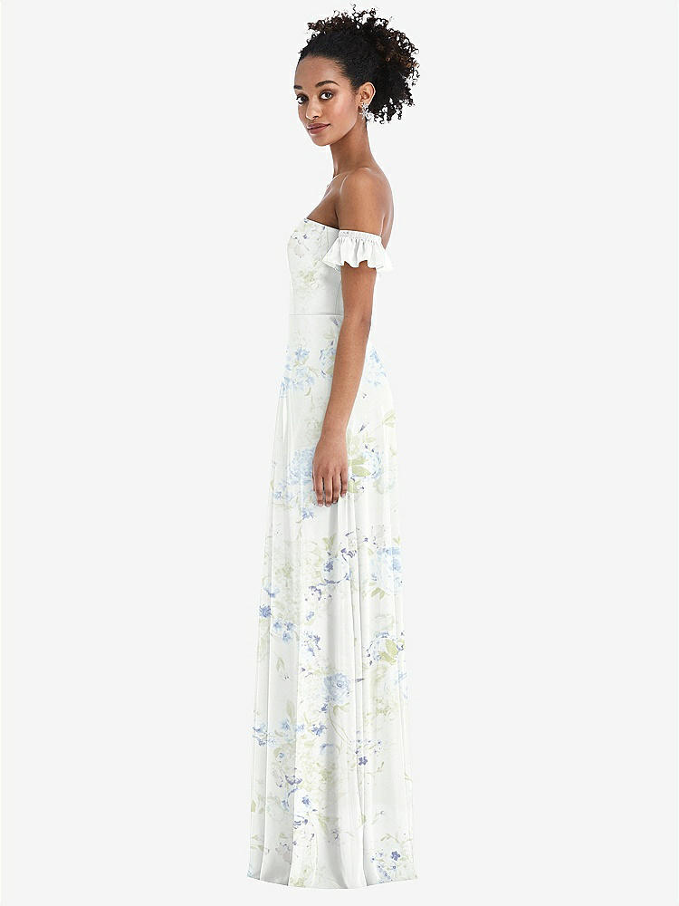 【STYLE: TH046】Off-the-Shoulder Ruffle Cuff Sleeve Chiffon Maxi Dress【COLOR: Bleu Garden】